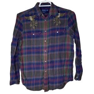 Polo Ralph Lauren Women's Medium Flannel Shirt Plaid Embroidered Peacock‎ GUC